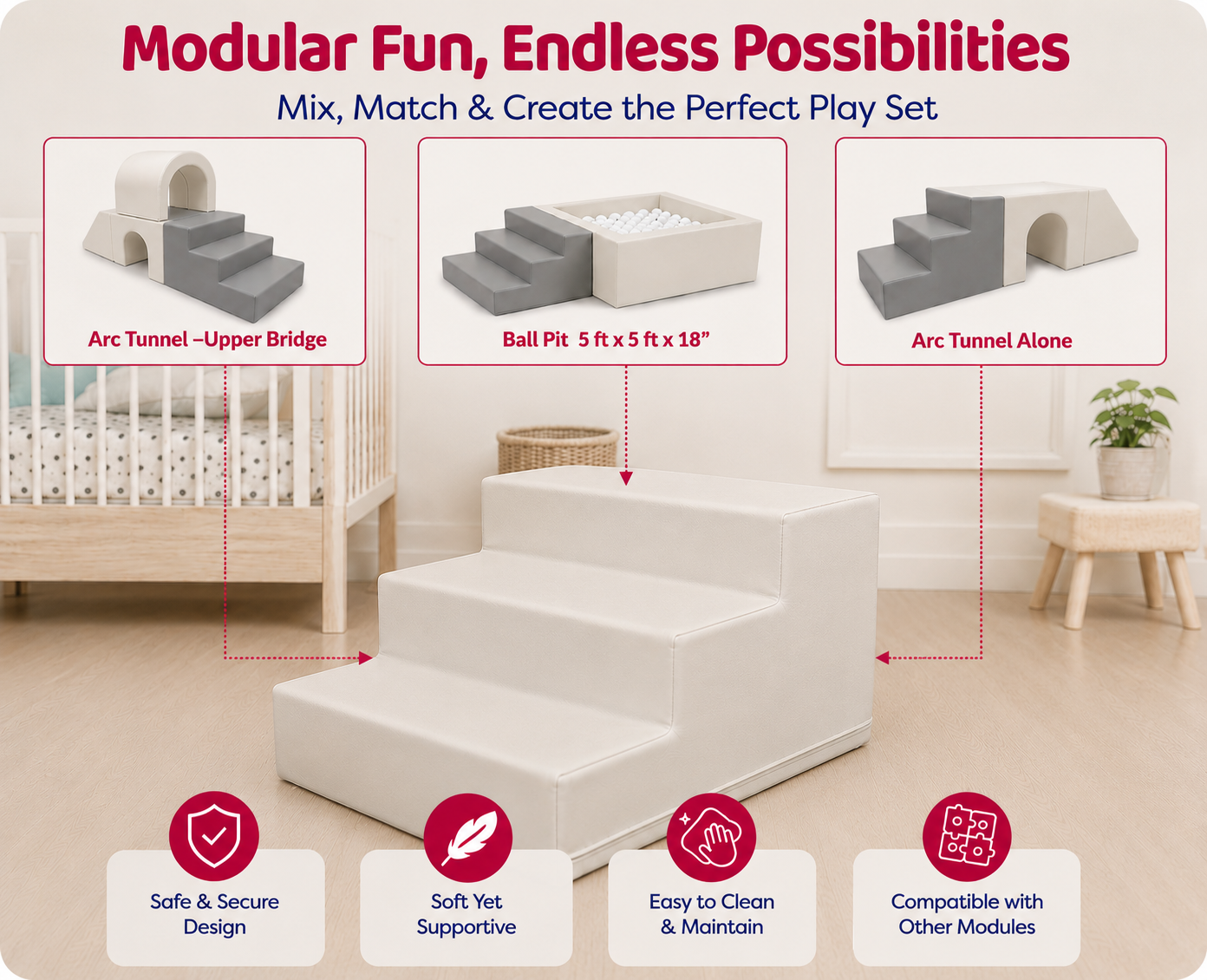 Soft Foam Stair – Compatible with Arc Tunnel , Ball Pit 5ft x 5ft x 18" & Arc Tunnel - Alone
