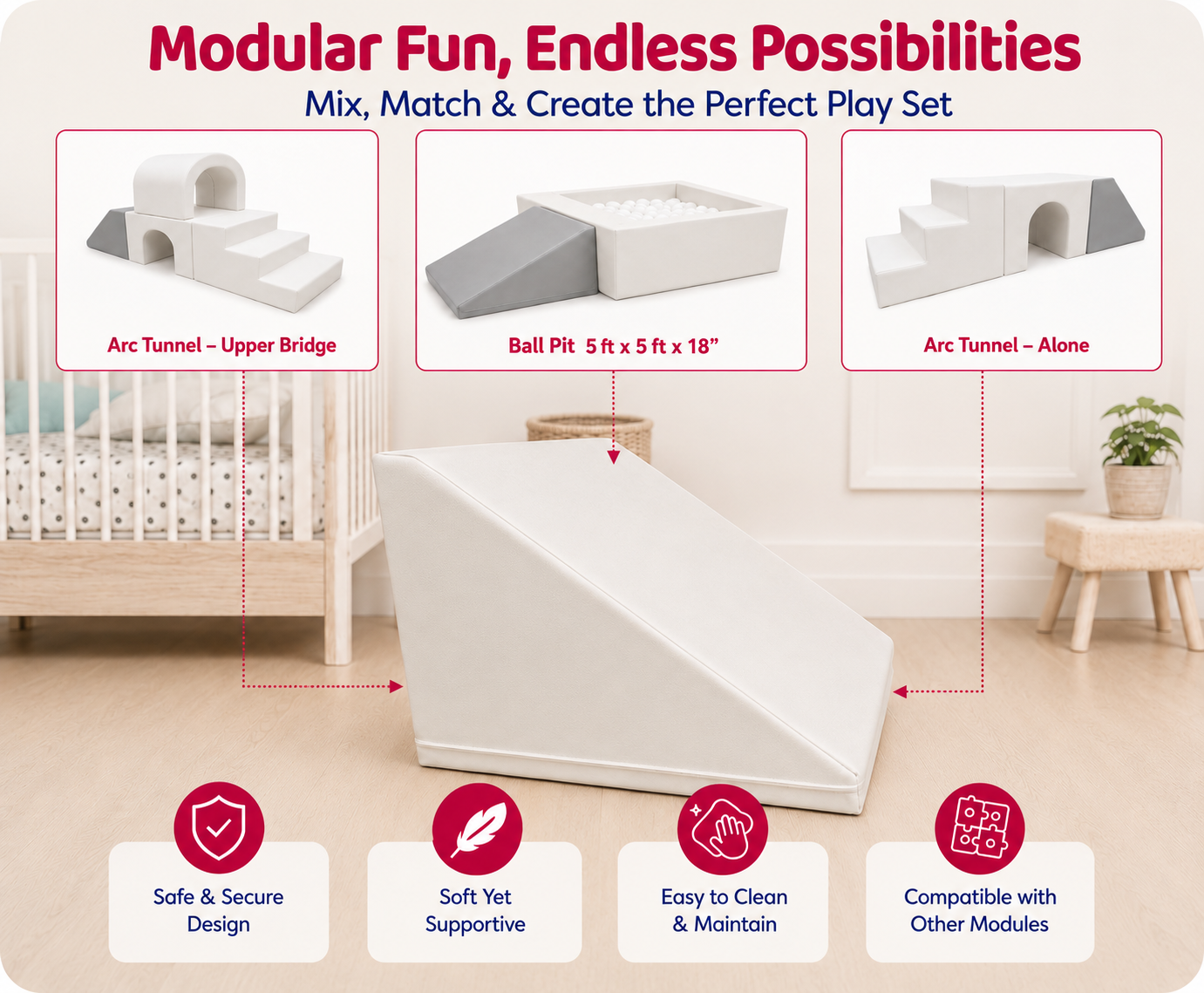 Soft Foam Slide – Compatible with Arc Tunnel ,Ball Pit 5ft x 5ft x 18" & Arc Tunnel - Alone